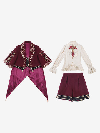 クリスマスプリンスロリータセット レッド 長袖シャツ パンツ オーバーコートセット