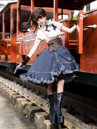 クラシックなロリータスーツ、白いブラウスと青いスカート、コルセットの3点セット、スチームパンク時代のスタイルのロリータコスチューム