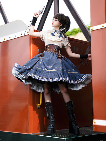 クラシックなロリータスーツ、白いブラウスと青いスカート、コルセットの3点セット、スチームパンク時代のスタイルのロリータコスチューム