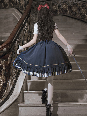 クラシックなロリータスーツ、白いブラウスと青いスカート、コルセットの3点セット、スチームパンク時代のスタイルのロリータコスチューム