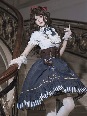 クラシックなロリータスーツ、白いブラウスと青いスカート、コルセットの3点セット、スチームパンク時代のスタイルのロリータコスチューム