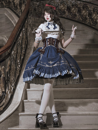 クラシックなロリータスーツ、白いブラウスと青いスカート、コルセットの3点セット、スチームパンク時代のスタイルのロリータコスチューム