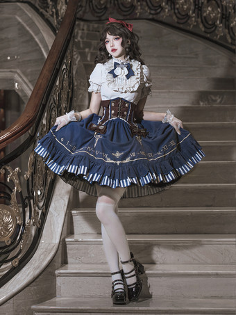 クラシックなロリータスーツ、白いブラウスと青いスカート、コルセットの3点セット、スチームパンク時代のスタイルのロリータコスチューム