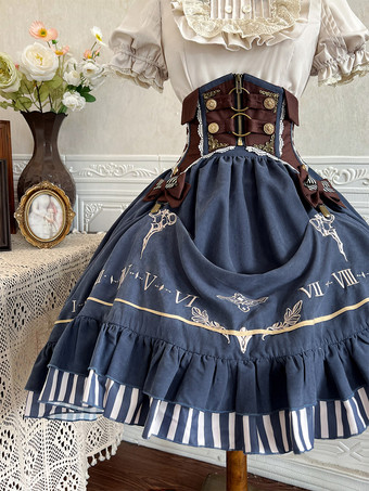 クラシックなロリータスーツ、白いブラウスと青いスカート、コルセットの3点セット、スチームパンク時代のスタイルのロリータコスチューム