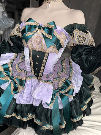 クラシックロリータストラップレスドレス、レースのリボンがアクセントのグリーンビクトリア朝スタイルのロリータガウン