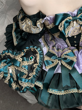 クラシックロリータストラップレスドレス、レースのリボンがアクセントのグリーンビクトリア朝スタイルのロリータガウン