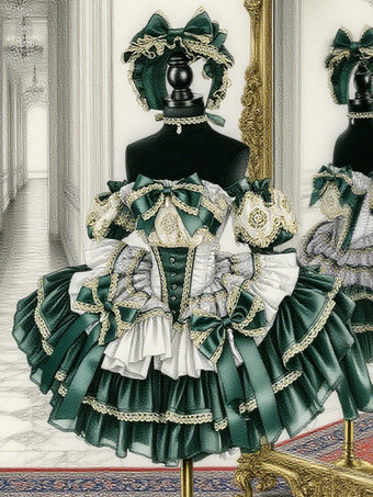 クラシックロリータストラップレスドレス、レースのリボンがアクセントのグリーンビクトリア朝スタイルのロリータガウン