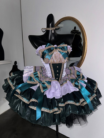 グリーン クラシックロリータストラップレスドレス、レースのリボンがアクセントのグリーンビクトリア朝スタイルのロリータガウン