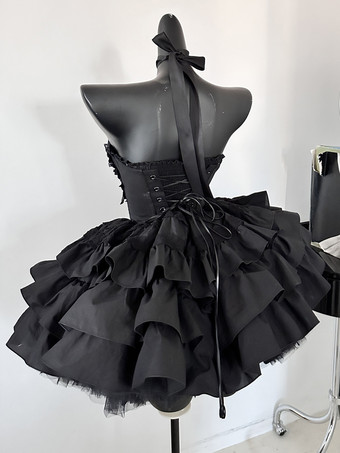 ゴシックロリータ ブラック ストラップレス JSK ドレス（取り外し可能なチェストハーネスとネックアクセサリー付き）