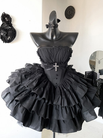 ゴシックロリータ ブラック ストラップレス JSK ドレス（取り外し可能なチェストハーネスとネックアクセサリー付き）