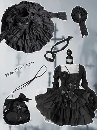 ゴシックロリータ ブラック ストラップレス JSK ドレス（取り外し可能なチェストハーネスとネックアクセサリー付き）