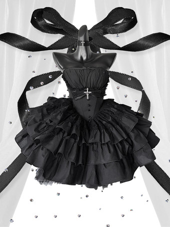 ブラック ゴシックロリータ ブラック ストラップレス JSK ドレス（取り外し可能なチェストハーネスとネックアクセサリー付き）