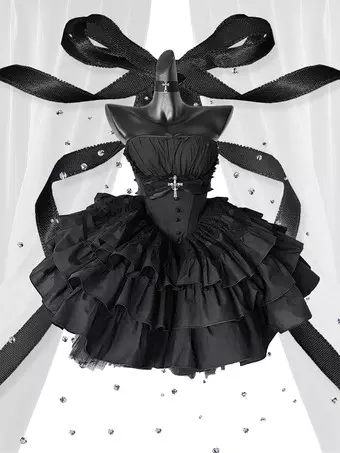 【ももものモーモン】ゴスロリ ブラックドレス Ｓサイズ 門りょうちゃん着用 XSサイズあり【Glossy/グロッシー】袖あり/ バスト