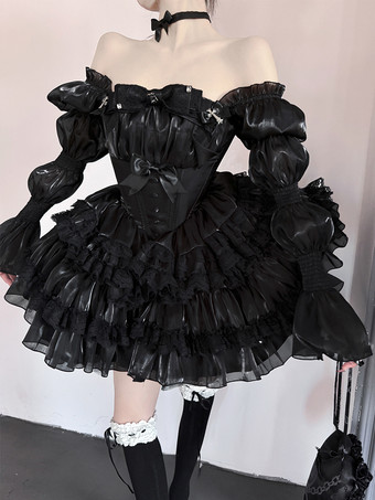 ブラック ゴシックロリータブラックストラップレスドレス、レースディテール、ふわふわプリンセスドレス、レイヤードチュールドレス付き