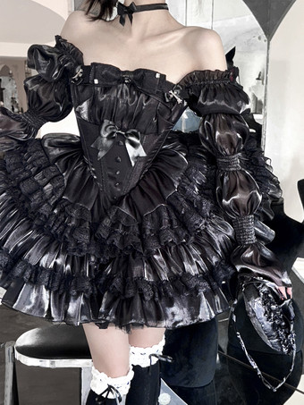 ゴシックロリータブラックストラップレスドレス、レースディテール、ふわふわプリンセスドレス、レイヤードチュールドレス付き