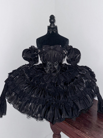 ゴシックロリータブラックストラップレスドレス、レースディテール、ふわふわプリンセスドレス、レイヤードチュールドレス付き