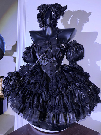 ゴシックロリータブラックストラップレスドレス、レースディテール、ふわふわプリンセスドレス、レイヤードチュールドレス付き