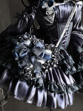 ゴシックロリータダークブルーストラップレスドレス、レーストリムのふっくらとしたプリンセスガウン、マッチしたヘッドピース付き