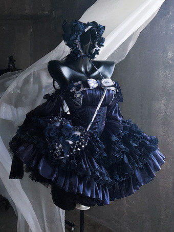 ゴシックロリータダークブルーストラップレスドレス、レーストリムのふっくらとしたプリンセスガウン、マッチしたヘッドピース付き