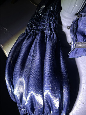 ゴシックロリータダークブルーストラップレスドレス、レーストリムのふっくらとしたプリンセスガウン、マッチしたヘッドピース付き