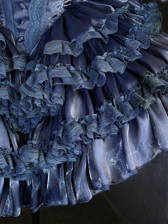 ゴシックロリータダークブルーストラップレスドレス、レーストリムのふっくらとしたプリンセスガウン、マッチしたヘッドピース付き