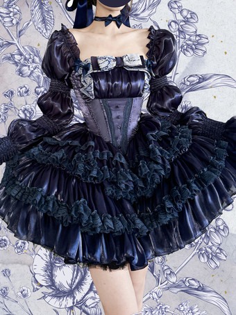 ゴシックロリータダークブルーストラップレスドレス、レーストリムのふっくらとしたプリンセスガウン、マッチしたヘッドピース付き