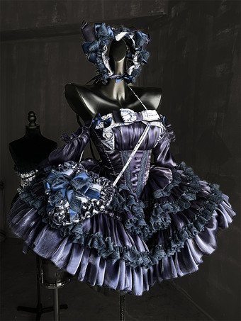 ブルー ゴシックロリータダークブルーストラップレスドレス、レーストリムのふっくらとしたプリンセスガウン、マッチしたヘッドピース付き