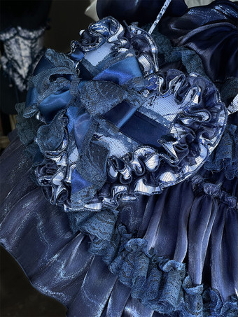 ゴシックロリータダークブルーストラップレスドレス、レーストリムのふっくらとしたプリンセスガウン、マッチしたヘッドピース付き