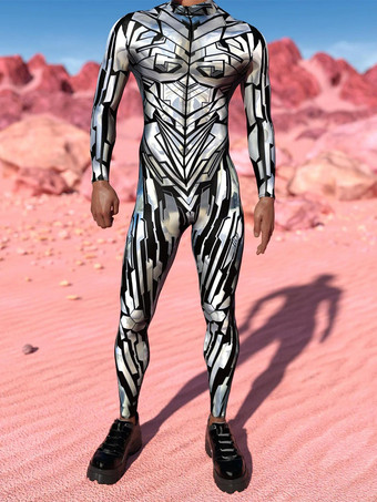 Black silverPatterned Zentai Suits Steampunk Mech Bodysuit 3D Printed Tight Jumpsuit