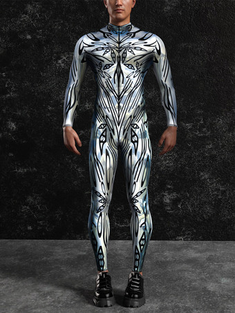 Silver Patterned Zentai Suits Steampunk Mech Bodysuit 3D Printed Tight Jumpsuit