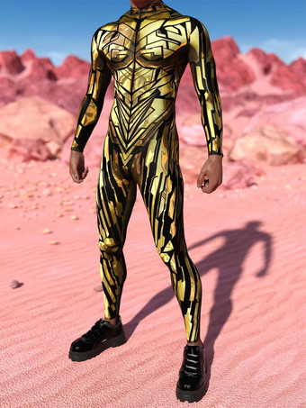 GoldenPatterned Zentai Suits Steampunk Mech Bodysuit 3D Printed Tight Jumpsuit
