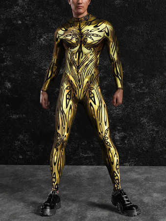 GoldPatterned Zentai Suits Steampunk Mech Bodysuit 3D Printed Tight Jumpsuit
