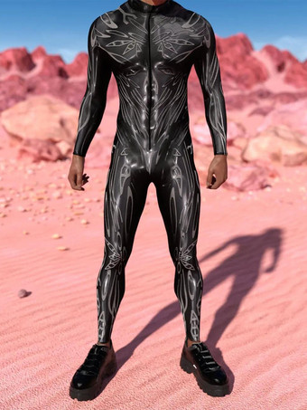 ダークグレー 柄入りゼンタイスーツ ブラック スチームパンク メカニカルボディスーツ 3Dプリント サイバーパンク 全身ジャンプスーツ