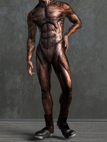 ブロンズカラー模様付き全身タイツスーツ 肌色シミュレーションボディスーツ 3Dプリント筋肉全身ジャンプスーツ