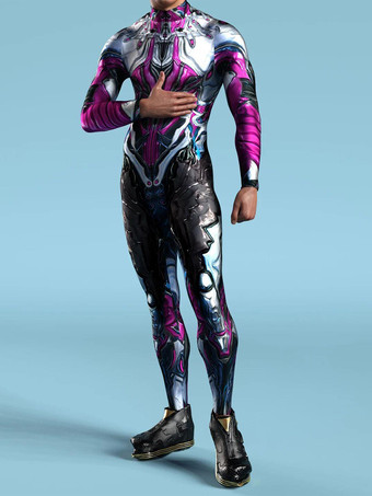 パープル パターン化された全身タイツスーツ 未来の技術 サイバーパンク ボディスーツ 3Dプリント フルボディアーマースーツ