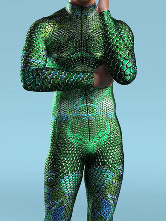 模様付き全身タイツスーツ グリーンカメレオン迷彩ボディスーツ 3Dプリント爬虫類スキンテクスチャ