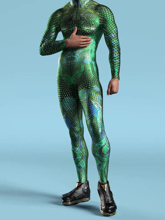 グリーン 模様付き全身タイツスーツ グリーンカメレオン迷彩ボディスーツ 3Dプリント爬虫類スキンテクスチャ