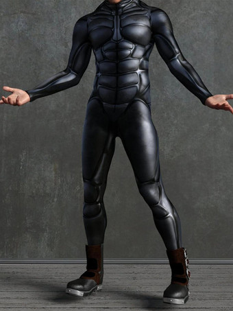 ブラックシルバー模様付き全身タイツスーツ ブラック メカニカルアーマー ボディスーツ 3Dプリント サイバーパンク 外骨格 タイトジャンプスーツ