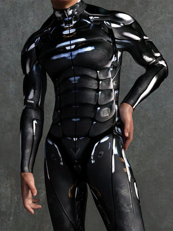 模様付き全身タイツスーツ ブラック メカニカルアーマー ボディスーツ 3Dプリント サイバーパンク 外骨格 タイトジャンプスーツ