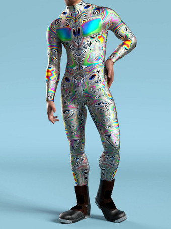 シルバー 柄入りゼンタイスーツ ゼブラ柄 カモフラージュプリント ボディスーツ 3D 錯覚 タイト ジャンプスーツ