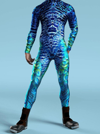 ブルー 柄入りゼンタイスーツ ゼブラ柄 カモフラージュプリント ボディスーツ 3D 錯覚 タイト ジャンプスーツ