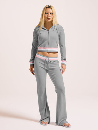 Grigio Tuta coordinata in velluto con cappuccio corto e pantaloni a zampa Y2K per donna 2025