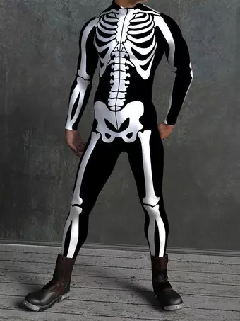 アートソン　男性サイズ・撥水フラットブラック全身タイツ 柄入り全身タイツスーツ ハロウィン スケルトン ボーン ボディスーツ
