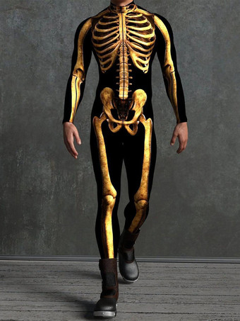 ゴールド 柄入り全身タイツスーツ ハロウィン スケルトン ボーン ボディスーツ 3Dプリント 解剖学に基づいたタイトなジャンプスーツ