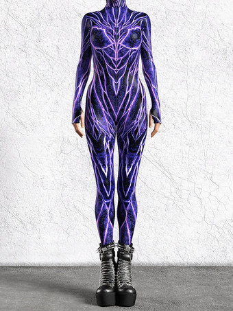 柄入り全身タイツスーツ パープル静脈回路 レディース ボディスーツ 3Dプリント バイオテクノロジー柄 タイトジャンプスーツ