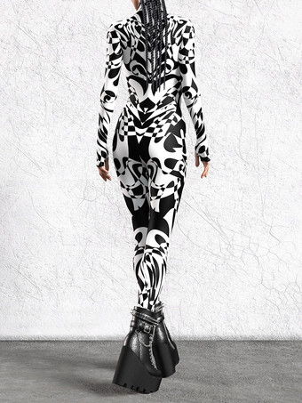 柄入り全身タイツスーツ ブラック ホワイト ゼブラ柄 レディース ボディスーツ 3Dプリント アニマル柄 タイト ジャンプスーツ