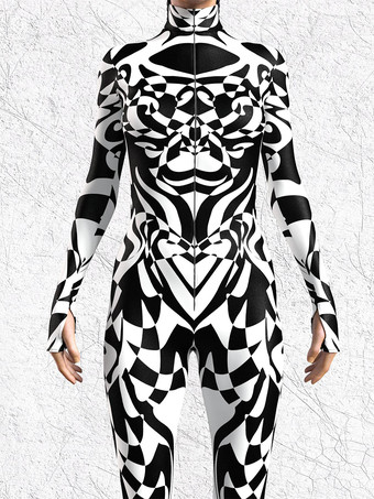 柄入り全身タイツスーツ ブラック ホワイト ゼブラ柄 レディース ボディスーツ 3Dプリント アニマル柄 タイト ジャンプスーツ