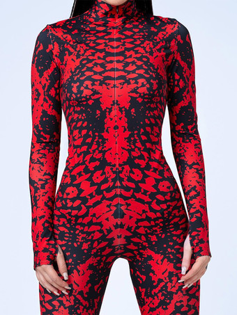 柄入り全身タイツスーツ 赤 黒 大理石模様 レディース ボディスーツ 3Dプリント 静脈柄 タイト ジャンプスーツ