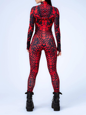 柄入り全身タイツスーツ 赤 黒 大理石模様 レディース ボディスーツ 3Dプリント 静脈柄 タイト ジャンプスーツ