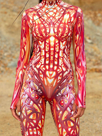 模様入り全身タイツスーツ ラインアートテクスチャ レディース ボディスーツ 3Dプリント 抽象柄 セクシー タイト ジャンプスーツ